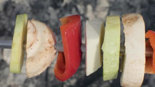 Close-up van groenten, courgette, paprika en champignon grillen op de barbecue — Stockvideo