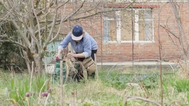 Senior vrouw schoonmaken droog gras terwijl tuinieren werk in tuin achtertuin — Stockvideo