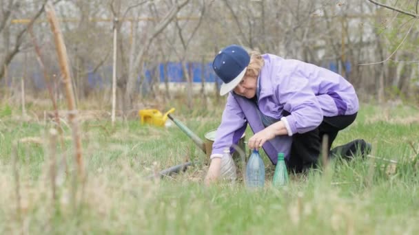 Ogrodnik kobieta za pomocą butelki z tworzyw sztucznych dla sadzonek kwiatów w ogrodzie podwórku — Wideo stockowe