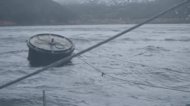 Amarre barco de mar a barril flotando en el agua. Marinero hombre nudos cuerda en el barco — Vídeo de stock