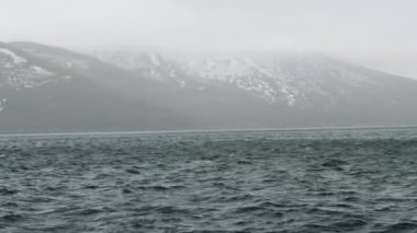 Karlı zirveleri ve su dalgalar deniz Dağı'nda doğal görünümü.