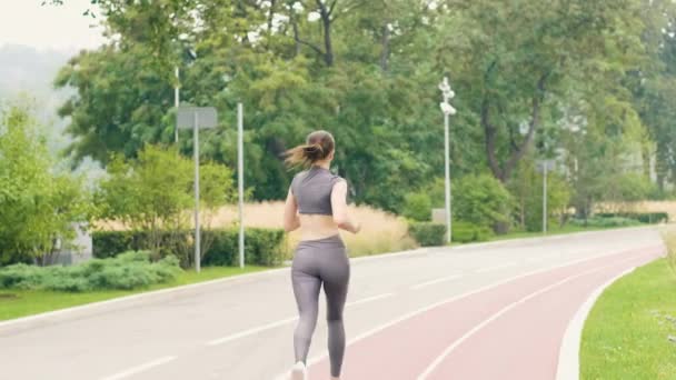 Ung kvinna körs på sommaren park på morgonjogg tillbaka Visa — Stockvideo