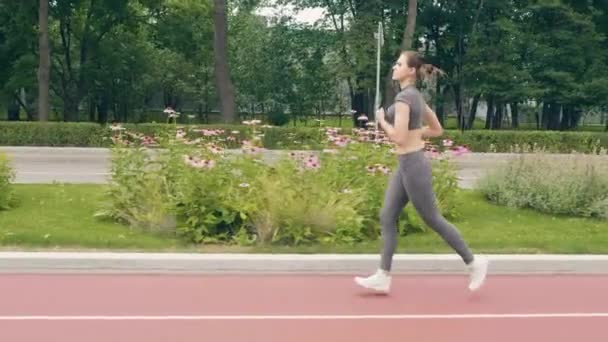 Женщина бегает по летнему парку на утренней тренировке — стоковое видео
