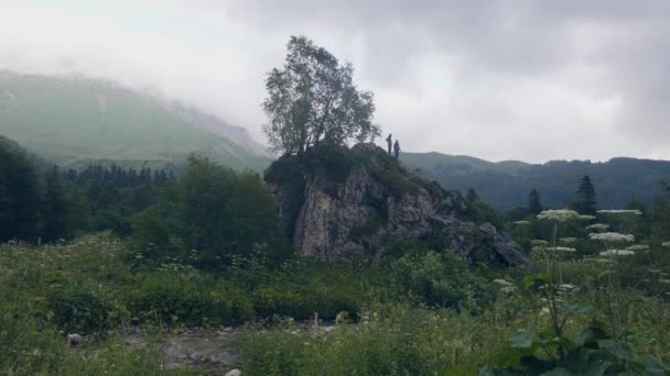 Persone turistiche in piedi sulla scogliera in montagna e godendo della vista della natura — Video Stock