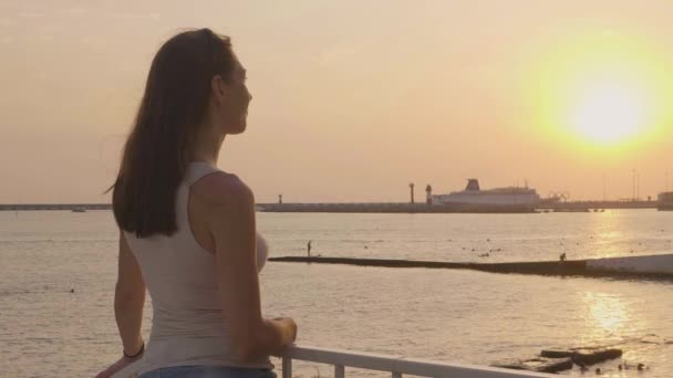 在海边看日落的年轻女子 在海滩上的女孩在背景日落 夜的天空风景 — 图库视频影像