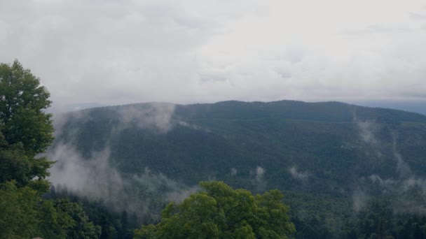 Grüne Berglandschaft und nebliger Himmel. Bewölkter Himmel in den Bergen — Stockvideo