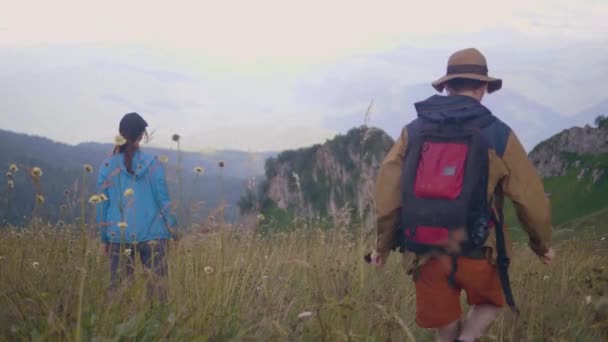 Touristen schauen bei Sommerreisen auf schöne Berglandschaft — Stockvideo