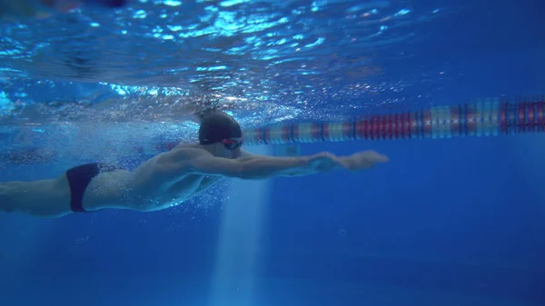 Vackra professionella simmare gör fjärilsim i poolen med rik blå vatten, skott från underwater — Stockfoto