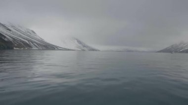 Harika bir manzara kar dağ zirveleri ve kayalıklarla deniz kenarı