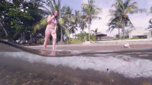 Çekici kadın palmiye ağaç arka plan üzerinde su deniz sahilde yürüyüş bikini. Su hattı mayo okyanus plaj yaz günü zevk güzel kız göster. — Stok video