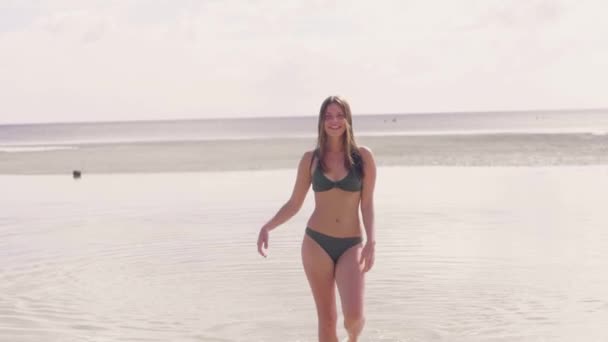 Donna giocosa in bikini che balla in acqua di mare sulla spiaggia estiva. Donna felice in costume da bagno che balla sulla spiaggia a Sumnny Day. Ritratto donna attraente scuotendo i capelli bagnati e posa della macchina fotografica sulla riva dell'oceano — Video Stock