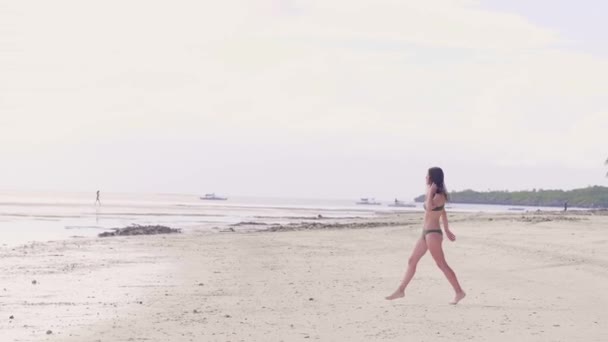 Jeune fille en maillot de bain marchant sur la plage d'été sur le paysage de palmiers verts. Femme d'été en bikini sur la plage tropicale mer et bateau flottant sur fond . — Video
