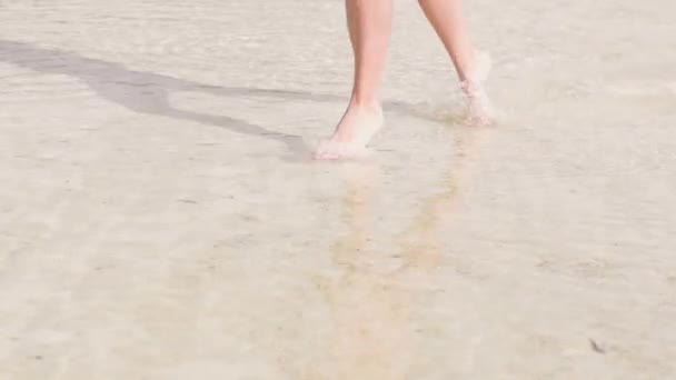 Pernas femininas correndo em água transparente na praia do mar câmera lenta. Jovem mulher descalça correndo na água cristalina do oceano na praia paradisíaca. Desfrute de férias de verão . — Vídeo de Stock