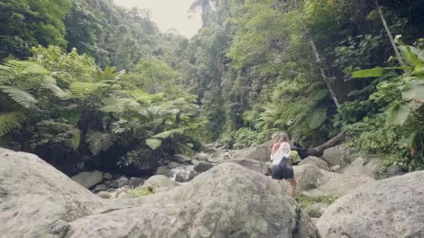 Turistické Žena Chůze Rocky River Tropických Deštných Pralesů Pohled Drone — Stock video