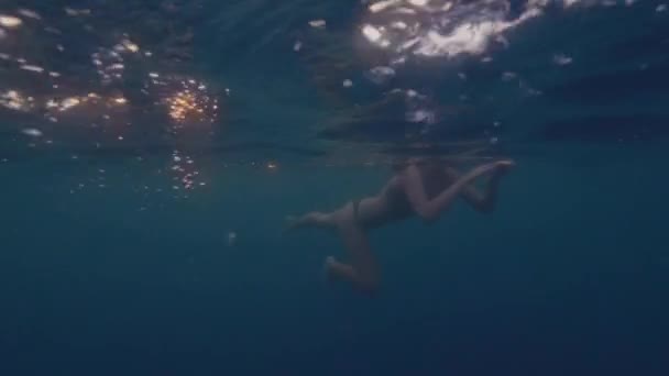 Jovem nadando em mar azul sobre fundo dourado sol. Waterline menina vista em biquíni nadando no oceano e luz solar brilhante brilhando através da água azul. Vista subaquática . — Vídeo de Stock