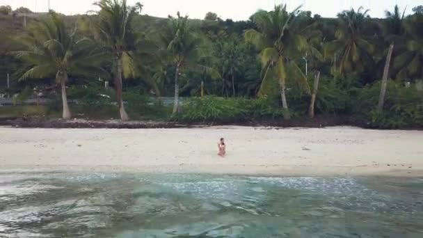 Jovem mulher sentada na praia do mar na palma verde e nas terras altas vista aérea de fundo. Menina descansando na praia de verão na vista da ilha tropical de drone voando sobre a água azul-turquesa . — Vídeo de Stock
