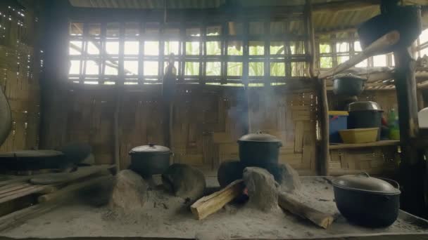 Food Cooking Fire Kitchen Traditional Bamboo House Asian Village Authentic — Stock Video