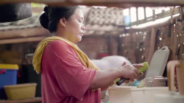 Mujer asiática cortando verduras mientras cocina comida en la cocina casera. Ama de casa cocinando cena vegetariana o cocina tradicional en casa de bambú. Cocina asiática doméstica . — Vídeo de stock