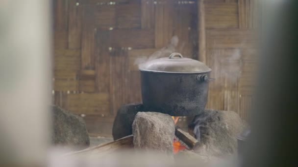 Laga mat i potten på brasa på trävägg bakgrund. Förbereda middag på brand i vattenkokare i traditionell asiatisk by. — Stockvideo