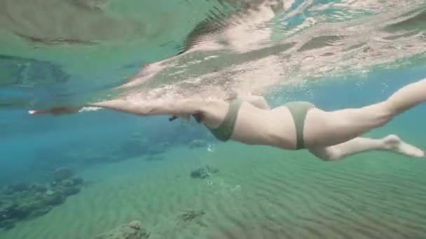 Meisje zwemmen in masker en buis in transparante zeewater. Vrouw snorkelen en kijken naar coral reef op bodem van de Oceaan. Onderwater uitzicht zee snorkelen. — Stockvideo