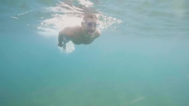 Człowiek w masce jest snorkeling w otwartym oceanie patrząc na dzikie zwierzęta, podwodne strzał. — Wideo stockowe