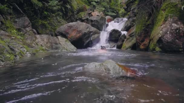 Naked man swimming in river water flowing from tropical waterfall in jungle. Nude man bathing in