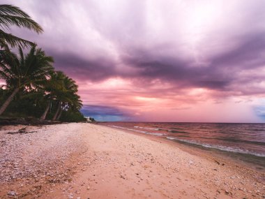 Tropik adada pitoresk pembe gün batımı.