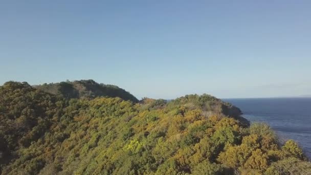Zelené vrchoviny a jezero na mořském pobřeží od létající dron. Letecký pohled na zelené jezero na kopcovitý ostrov a na modré mořské krajině na pozadí nebe. — Stock video