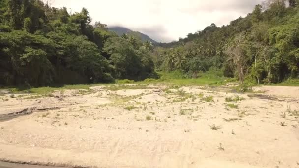 Drohnenblick auf fließenden Fluss und tropischen Wald auf grüne Berglandschaft. romantisches Paar spaziert am Seeufer durch Regenwald und Berglandschaft während der Sommerreise. — Stockvideo