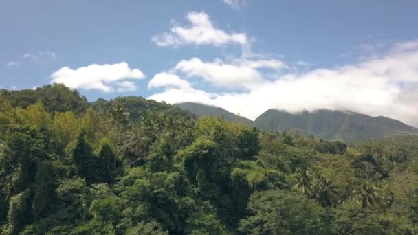 Incredibile vista dal drone volante foresta pluviale tropicale e montagna verde su blu cielo nuvoloso paesaggio. Paesaggio aereo foresta giungla, alberi tropicali coperti di montagna e piante su sfondo cielo blu — Video Stock