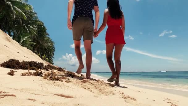 Mladí milenci se drží za ruce a povídají si, když chodí na pláž s bílým pískem. — Stock video