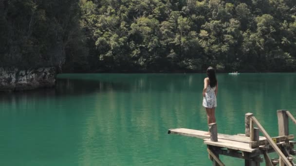 Chica asiática de pie en el trampolín viendo la naturaleza tranquila de una laguna . — Vídeo de stock