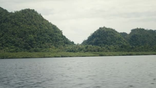 Pittoresca vista sulle verdi colline della foresta pluviale e sull'oceano dal lato della barca in movimento . — Video Stock