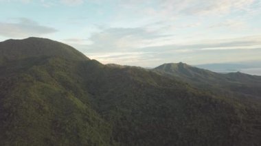 Yeşil orman, ağaçlar, orman, bulutlu gökyüzü ile Mountainscapes. Havadan görünüm.