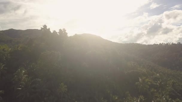 Vista cinematográfica de drones de selva tropical, montañas, cielo y nubes en un día soleado . — Vídeos de Stock