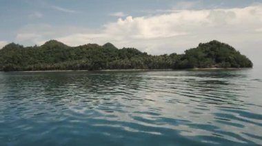 Yelkenli tekne deniz manzarası, palmiye ağaçları ve beyaz kum plaj ile tropikal ada