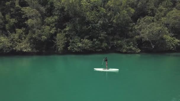 Drone bilder av en flicka paddleboarding i den berömda lagunen i Phippines. — Stockvideo