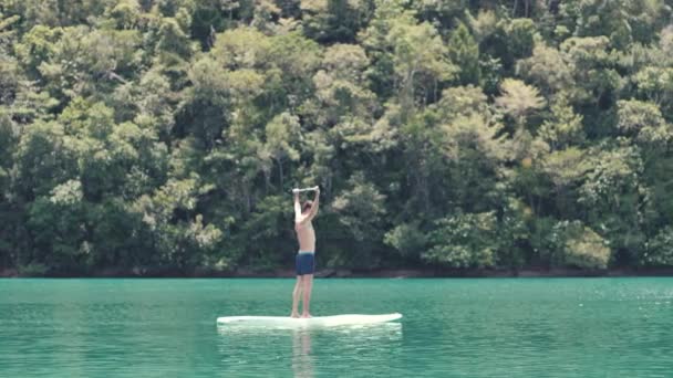 Joven en el stand-up paddle board flotando en una laguna verde haciendo calentamiento . — Vídeos de Stock