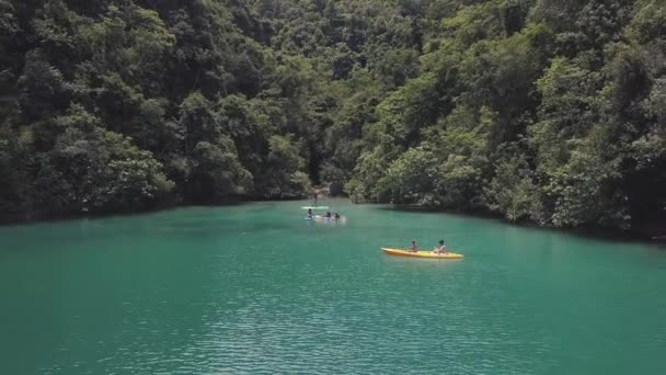 Luchtfoto geschoten over mensen paddlesurfen en kajakken in een regenwoud lagune. — Stockvideo