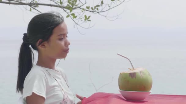 Utomhus närbild sommar porträtt av en asiatisk kvinna dricker färsk kokosjuice. — Stockvideo