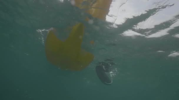 Vista subaquática de remo e caiaque flutuando no oceano contra a luz solar . — Vídeo de Stock