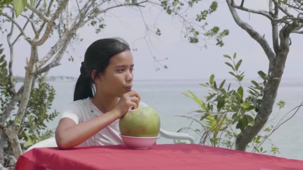 Eine Frau, die sich im tropischen Resort erholt und frischen Kokossaft trinkt. — Stockvideo
