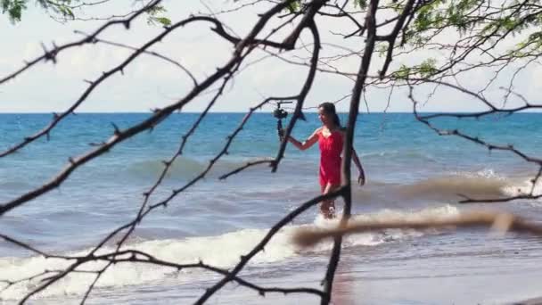 Un influencer di social media femminile registra vlog di viaggio in spiaggia . — Video Stock