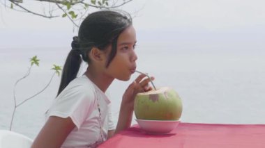 Güzel Asyalı kadın yaz günü tatil köyünde taze hindistan cevizi suyu içmeyi sever.
