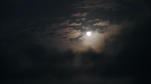 Um tiro em tempo real de uma lua cheia em um céu noturno com nuvens brancas visíveis . — Vídeo de Stock
