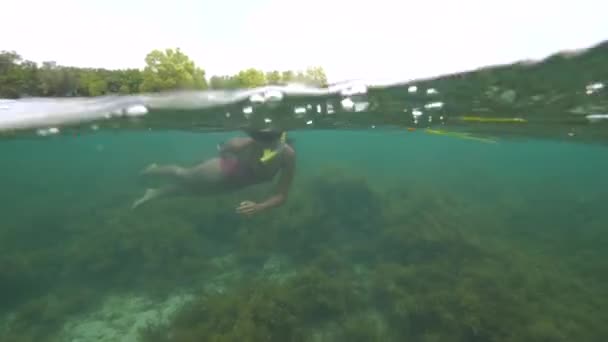 Snorkelende vrouw in zwempak drijvend in de blauwe oceaan onder water gespleten uitzicht. — Stockvideo