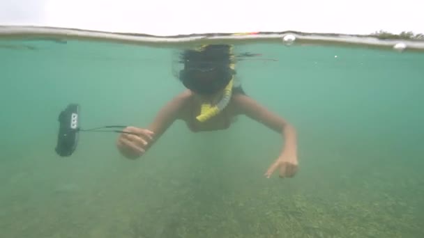 Split άποψη της νεαρής γυναίκας ψαροντούφεκο υποβρύχια σε ένα τροπικό νησί. — Αρχείο Βίντεο