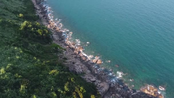 Top down vy strandlinje från klippan med grönskande grönska, klippor och blått lugn hav — Stockvideo