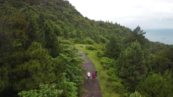 Drone volar sobre turista caminando en un camino pavimentado en la montaña tropical . — Vídeo de stock