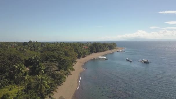 Voando sobre uma tranquila praia tropical com árvores verdes, oceano tranquilo e barcos . — Vídeo de Stock